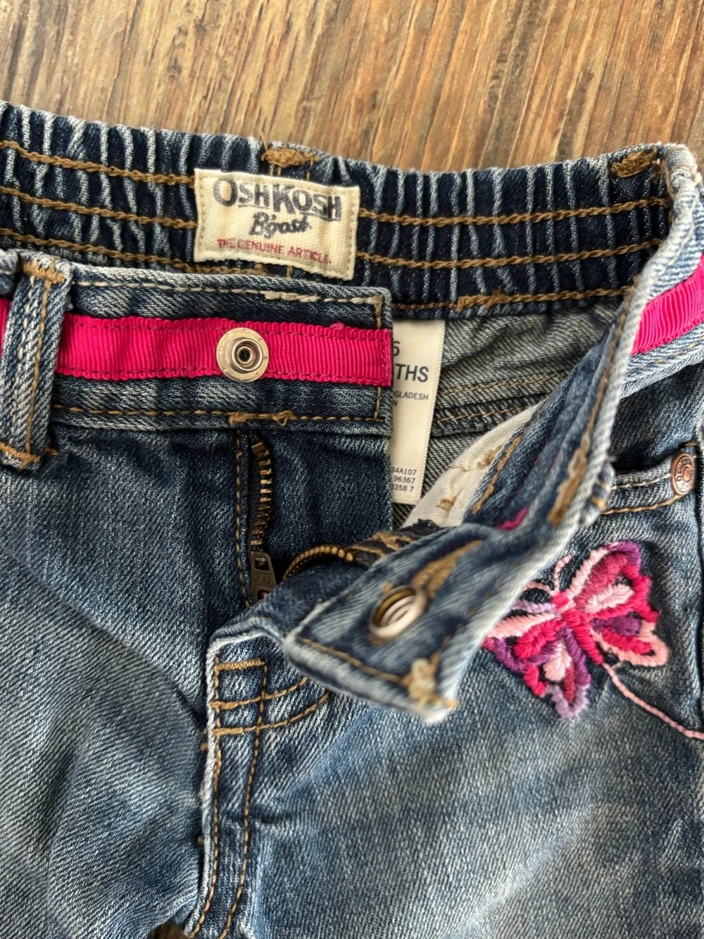 OshKosh B’gosh Blue Denim Jeans 6 Months Pink Ribbon Waist Embroidered Butterfly
